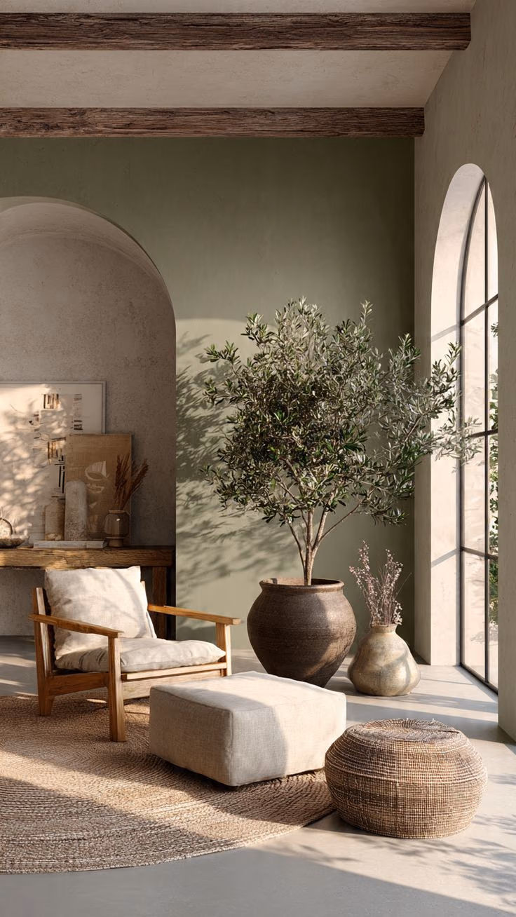 A sunlit living corner with an olive tree in a terracotta pot, linen and jute textures, against a sage-green plaster wall.